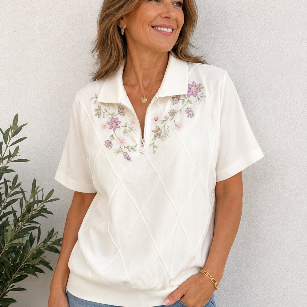Alfred Dunner beaded ivory Short-Sleeve Polo Lavender Floral Embroidery L